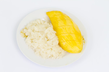 Mango with sticky rice on white background