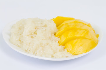 Mango with sticky rice on white background