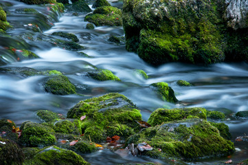 waterfall running through mossy stones