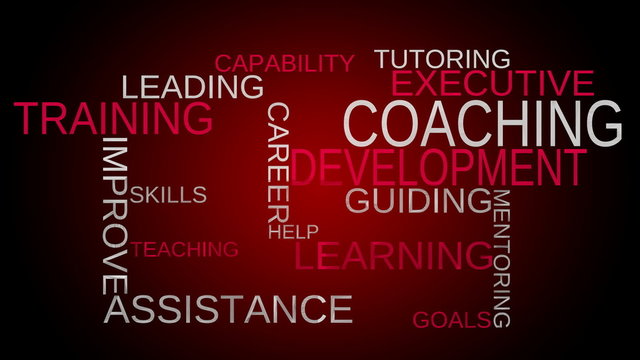 Coaching, development, training word cloud - red bg. Loop able.