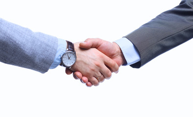 Closeup of a business handshake, on white background