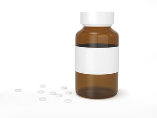 Glass blank medicine bottle with scattered tablets