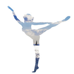 Double exposure of classical dancer and sea summer landscape