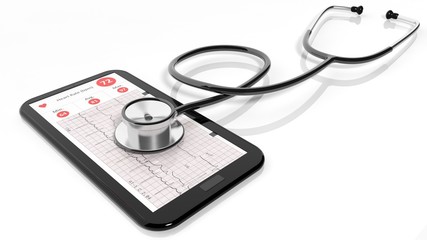 Tablet pc with cardiogram and a stethoscope on it, isolated