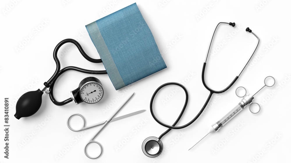 Wall mural Various medical equipment isolated on white background