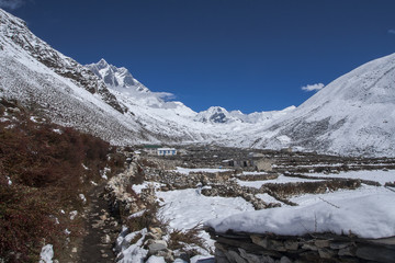 view of Island Peak in the village of Dingboche