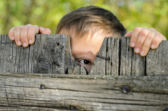 Male Kid Peeking Over a Rustic Wooden Fence