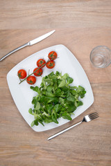 Vegetable salad. Mache salad and tomatoes