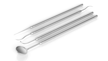 Set of stainless dental instruments isolated on white background