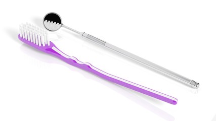 Toothbrush and dental mirror isolated on white
