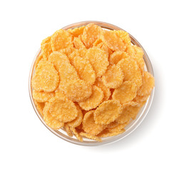 Top view of corn flakes in glass bowl