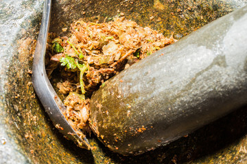 recipe spicy minced pork salad combined with lime juice (larb mo