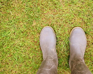bottes de jardin dans l'herbe