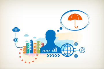 Umbrella and person with bubbles for dialogue.