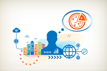 Pizza. Italian food and person with bubbles for dialogue.