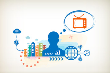 Retro tv and person with bubbles for dialogue.