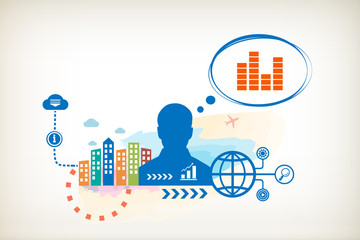 Sound equalizer and person with bubbles for dialogue.