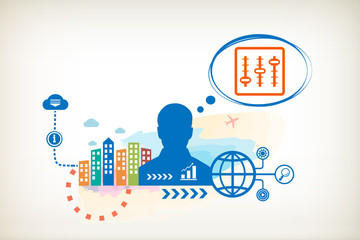 Panel of sound mixer console and person with bubbles for dialogu