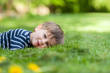 Smiling little boy, lying in the grass, smiling at the camera