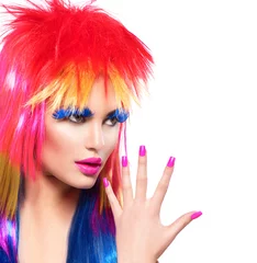 Foto op Plexiglas Schoonheid fashion punk model meisje met kleurrijk geverfd haar © Subbotina Anna