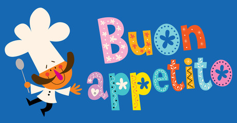Buon appetito - Italian decorative lettering with chef character