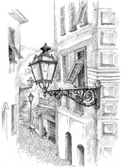 ink pen graphic Camogli street lamp