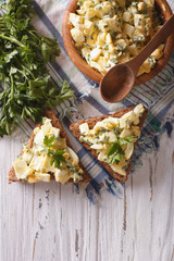 bread and egg salad with herbs and mayonnaise top view
