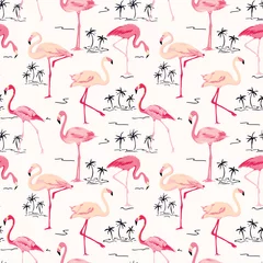 Papier Peint photo Flamant Flamingo Bird Background - Modèle sans couture rétro