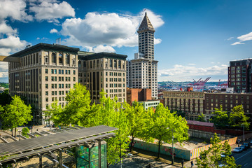 View of buildings near Pioneer Square, in Seattle, Washington.