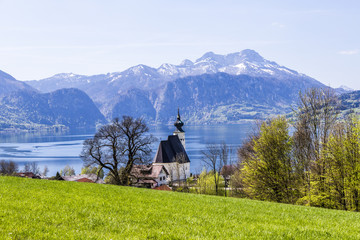 church Sankt Andreas with beautiful view to the Attersee in Aust