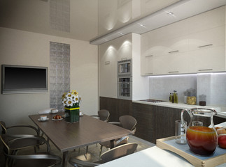 3d rendering of a kitchen in beige tones