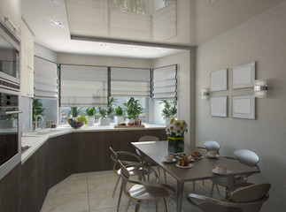 3d rendering of a kitchen in beige tones