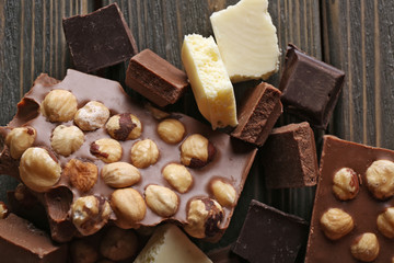 Set of chocolate with hazelnut, closeup