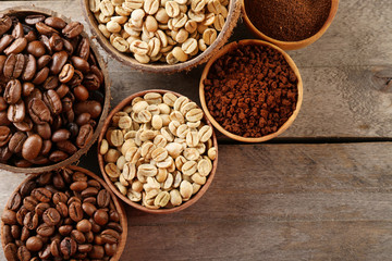 Various of coffee in small dishes on wooden table, top view