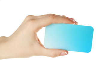 Obraz premium Hand holding business card, isolated on white