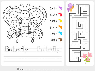 Maze game, Color by numbers - Worksheet for education