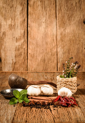 Herbs and Spices on wooden background