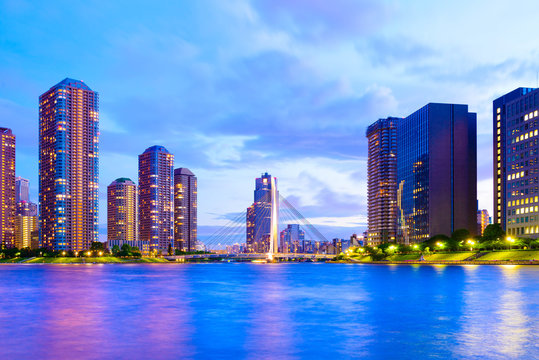Evening View of Office Buildings and Highrise Mansion in Tokyo