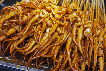 Street food of grilled Squid on the streets of Guilin