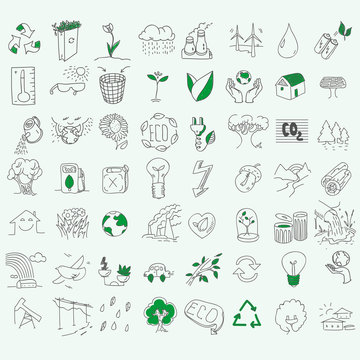 Ecology organic signs eco and bio elements in hand drawn style