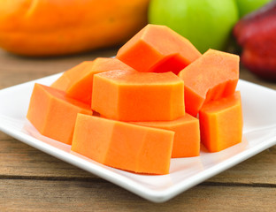 papaya sliced  on  white plate