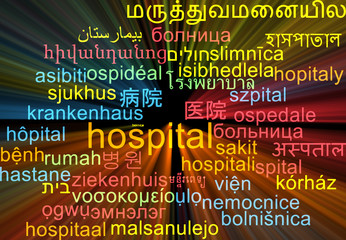 Hospital multilanguage wordcloud background concept glowing