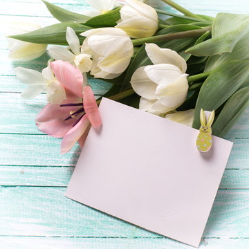 Background with fresh flowers and empty tag for text