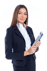 Businesswoman holding clipboard with blank sheet of paper