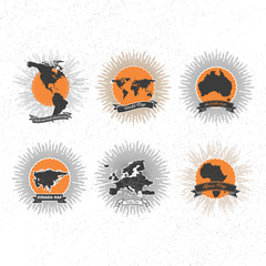 World maps badges set with vintage style star burst, retro