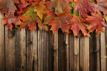 Naklejka na ściany i meble Autumn leafs frame on brown wooden background