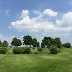 Golf field with cloudy blue sky