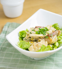 Fried Noodles with Chicken in white bowl