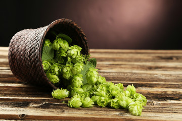 Hops in basket on brown wooden background