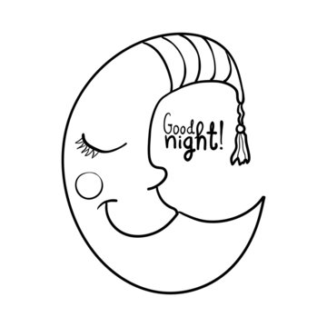 Cartoon sleeping moon in striped nightcap